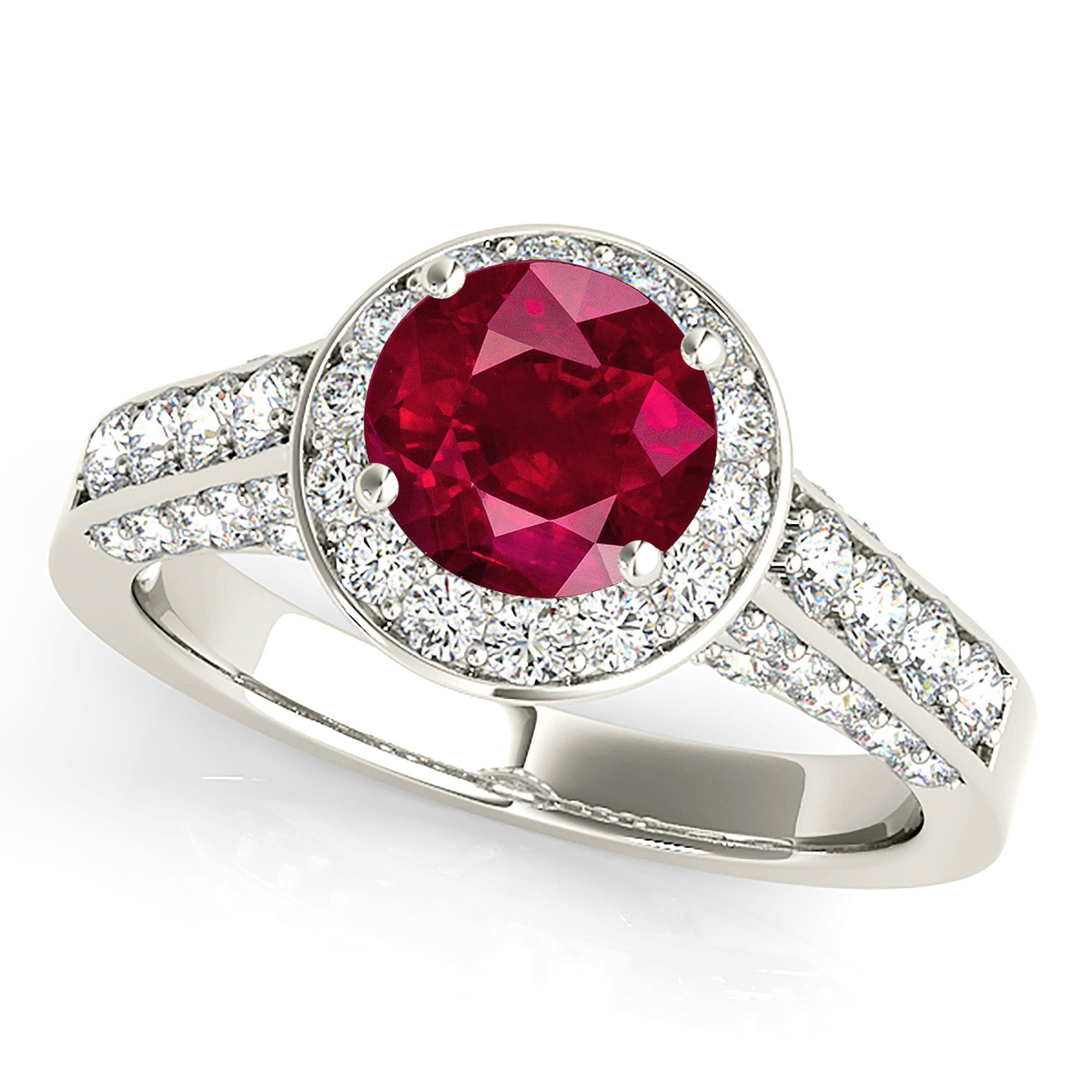 1.35 ct. Genuine Ruby Ring With 0.75 ctw. Diamond Halo And Side Accent Diamonds, Fancy Ring-VIRABYANI